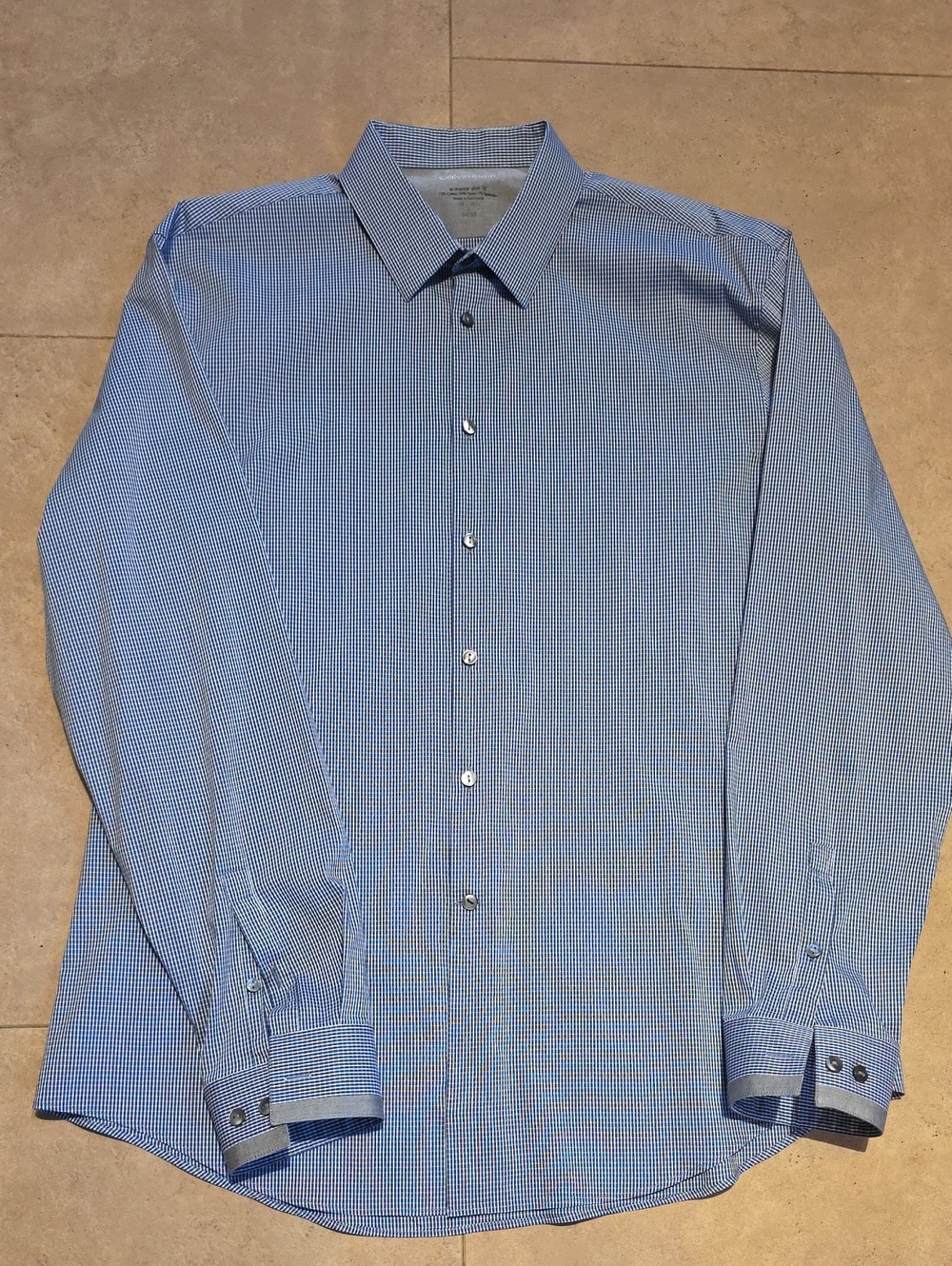 Calvin Klein Blue Micro-Check Dress Shirt. Extreme Slim Fit. Size 16z16½ 34/35